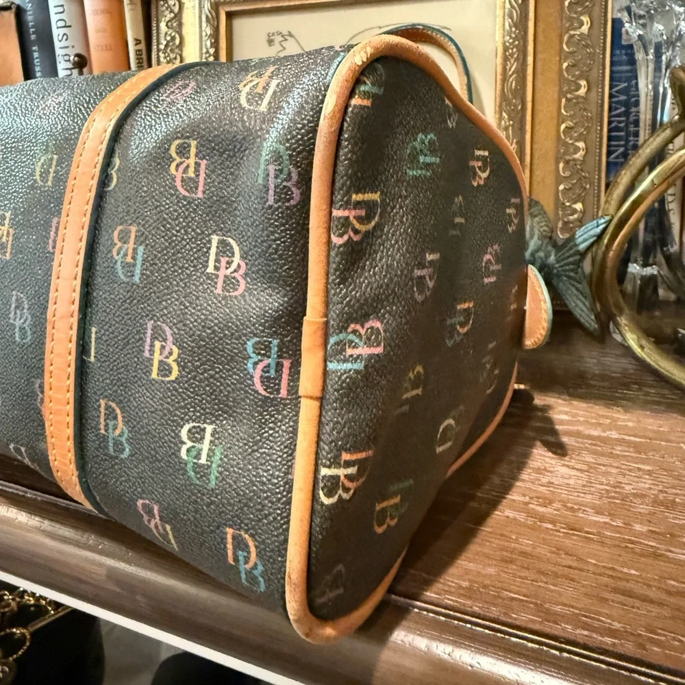 Dooney & Bourke Black Multicolor Logo Barrel Satchel with Tan Trim